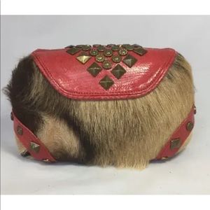 New Handmade Hair-on Cowhide Minaudière Clutch with Red Snakeskin and Antique Me